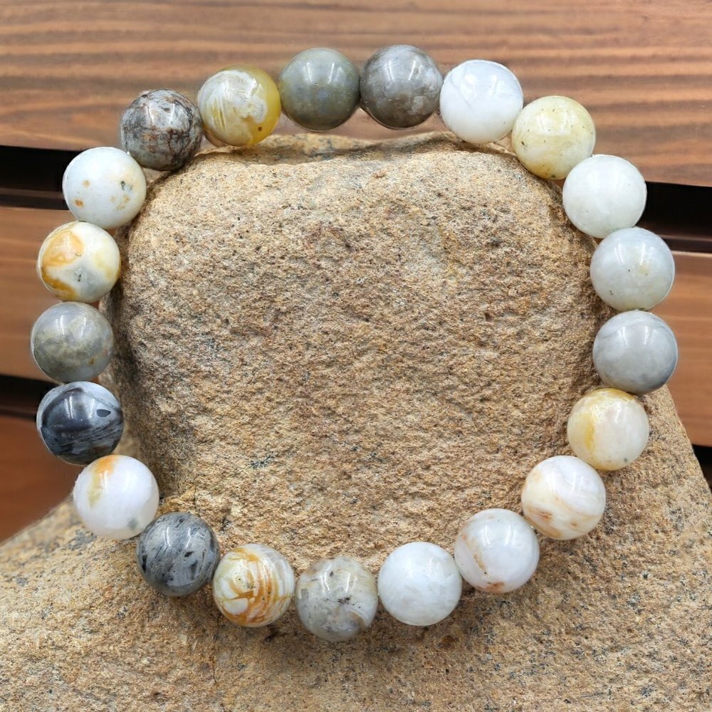 Bamboo Leaf Agate Gemstone Stretch Bracelet | Handmade - Picture 2 of 4